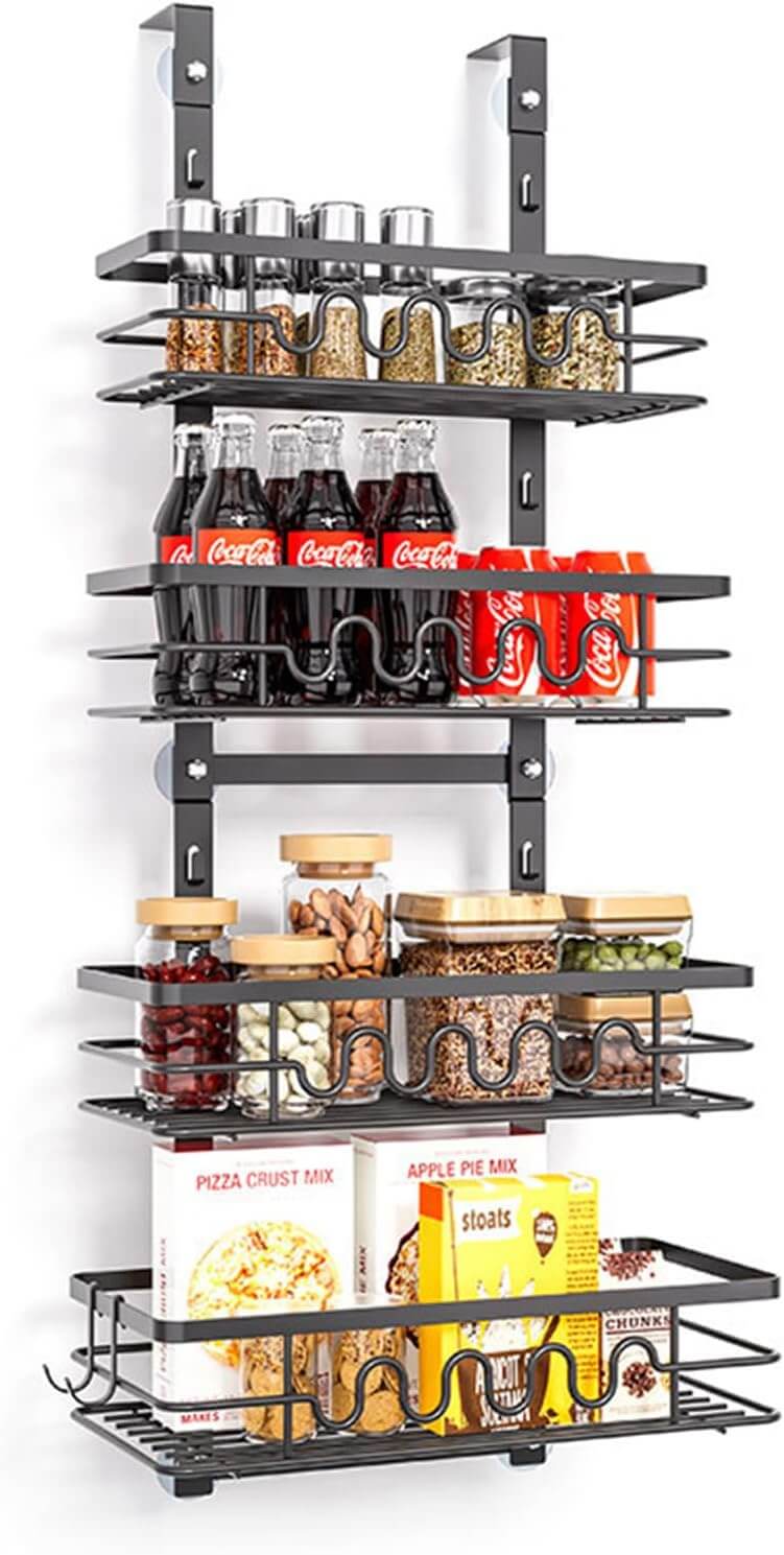 4 Tier Adjustable Baskets Over Door Pantry Organiser featuring large capacity for efficient storage in home kitchens.