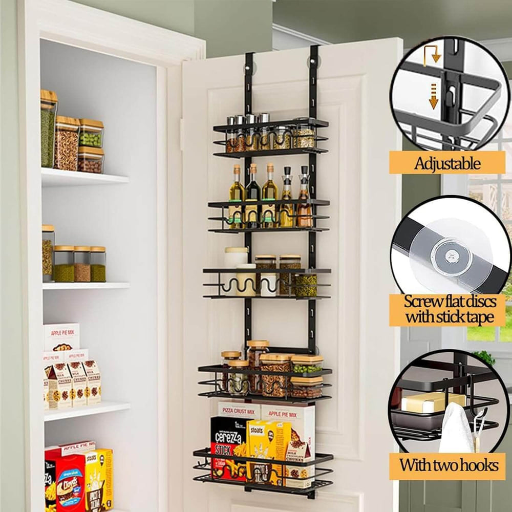 4 tier adjustable over door pantry organizer with metal baskets for kitchen storage, featuring hooks and adjustable height.