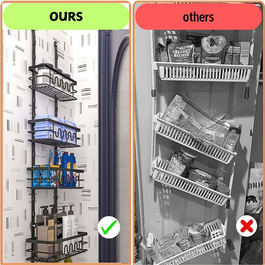 Comparison of over door pantry organizers: our adjustable baskets vs. standard designs, highlighting superior organization and capacity.