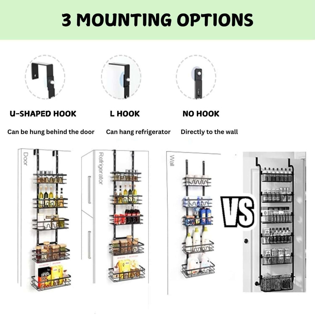 Three mounting options for pantry organizer: U-hook, L-hook, and wall mount for versatile use.