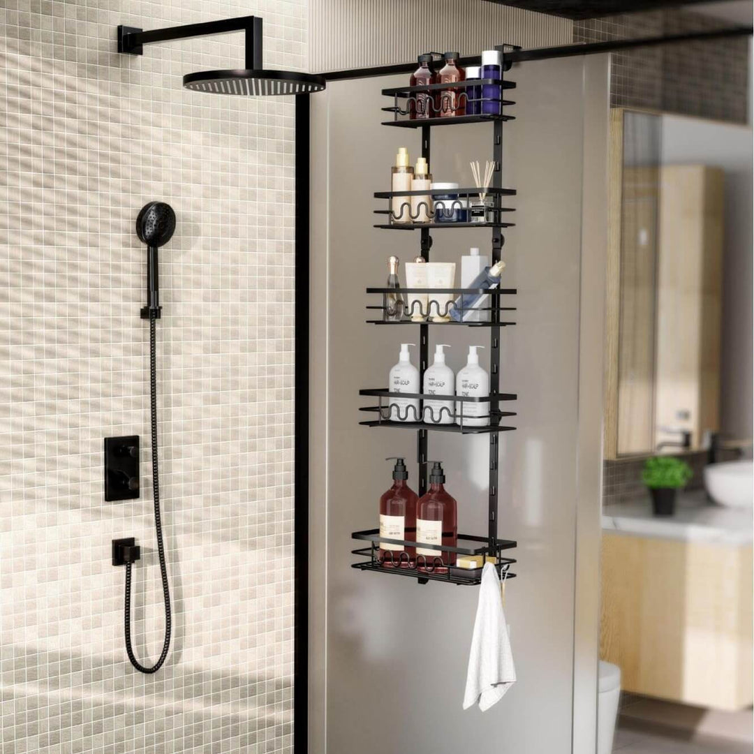 Stylish black shower caddy with multiple shelves for bathroom organization and convenience.