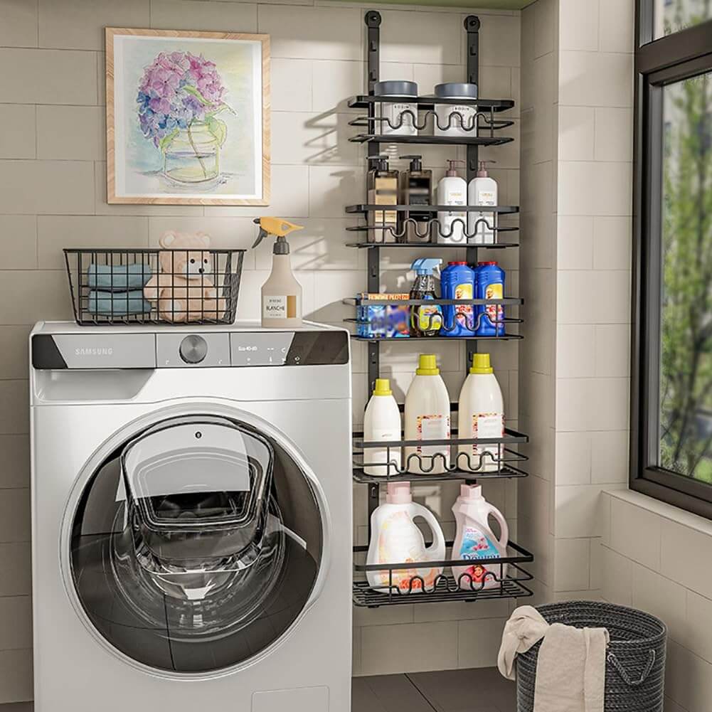 Pantry organizer with 4 adjustable baskets mounted over a washing machine, ideal for home kitchen storage.