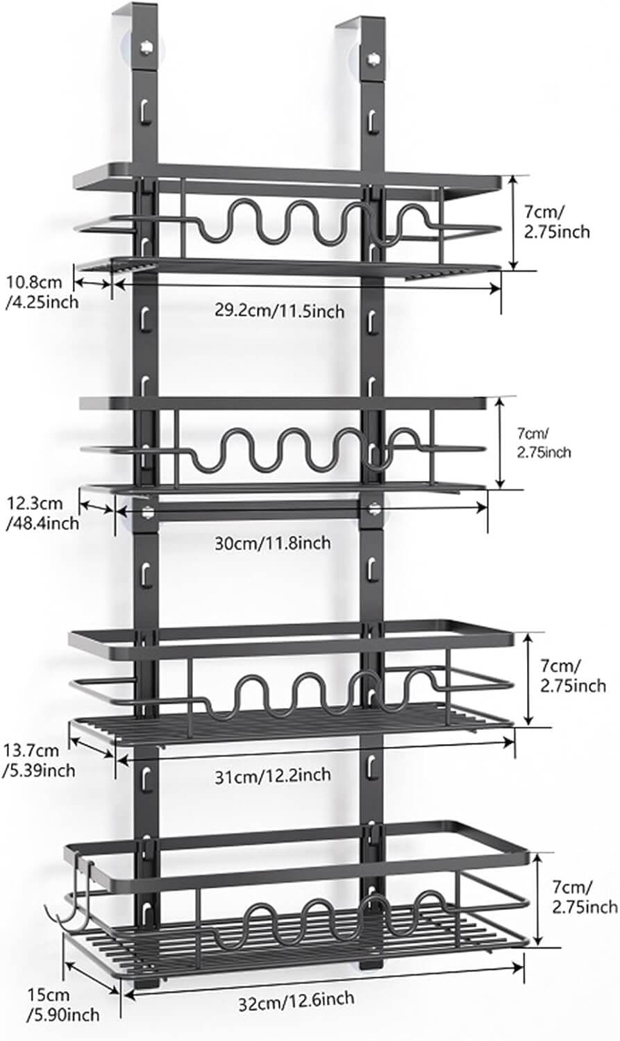 4 Tier adjustable over door pantry organizer dimensions and features for home kitchen storage.