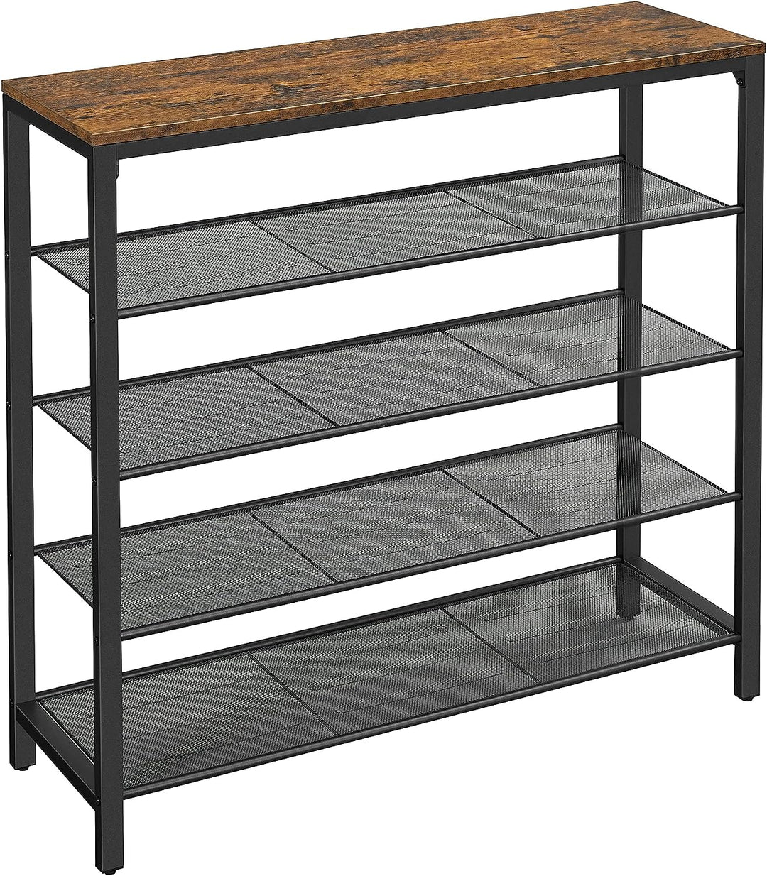 Stylish industrial shoe rack storage organiser with 4 black mesh shelves and engineered wood surface. Affordable, quality value furniture.