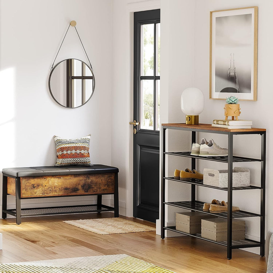 Industrial-style entrance with Shoe Rack Storage Organiser featuring 4 black mesh shelves and smooth wood surface. Value, affordable quality furniture.