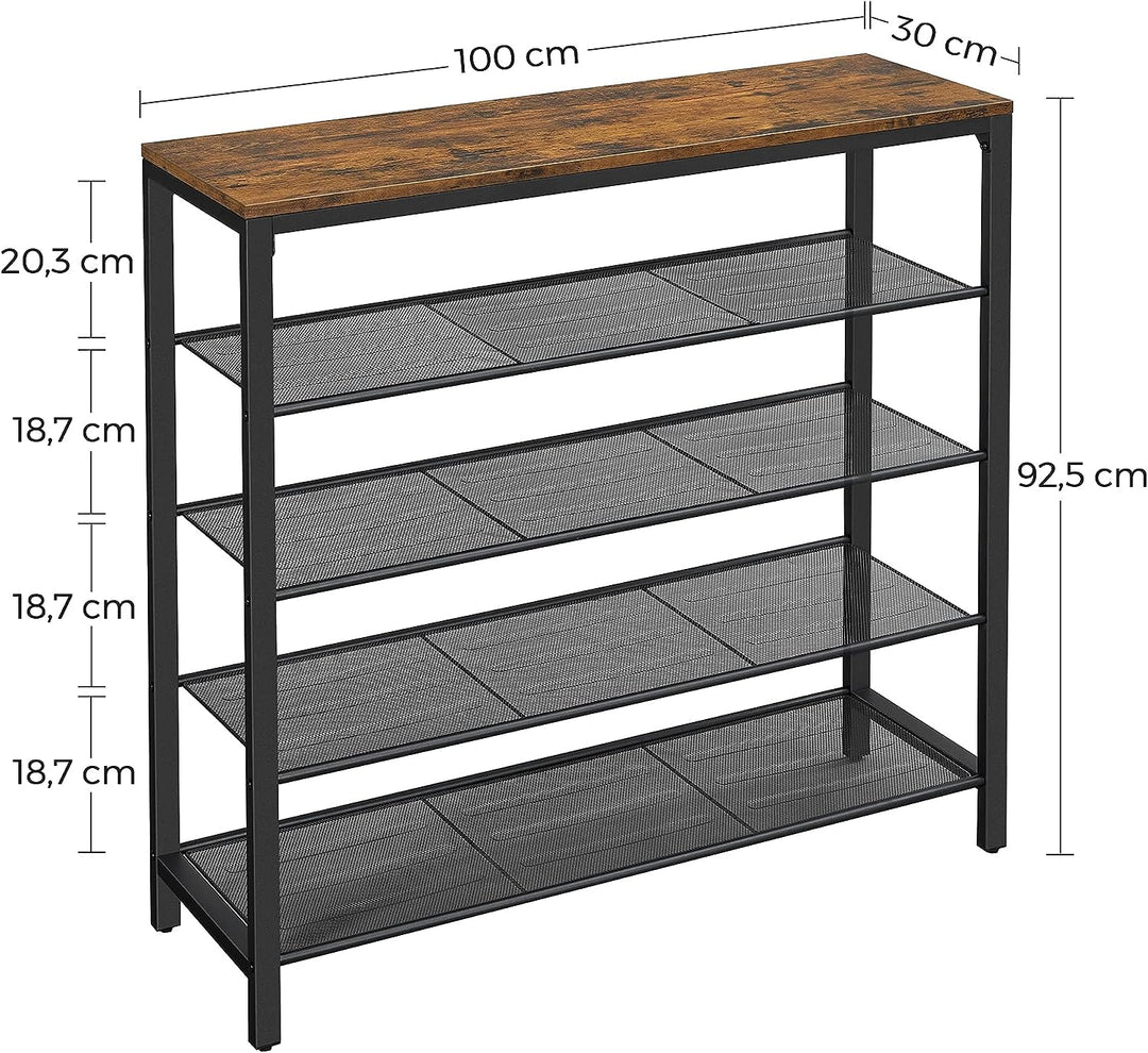 Affordable quality shoe rack with 4 black mesh shelves and stylish engineered wood surface, perfect for creating a neat entrance area.