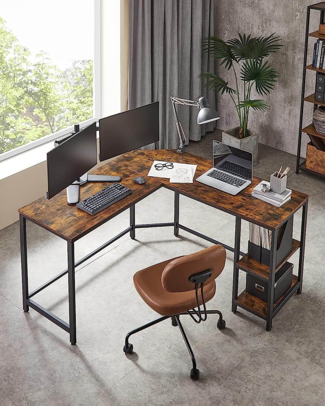 L-shaped computer desk corner setup with dual monitors, laptop, and two-shelf storage solution offering a balance of convenience, value, and quality furniture