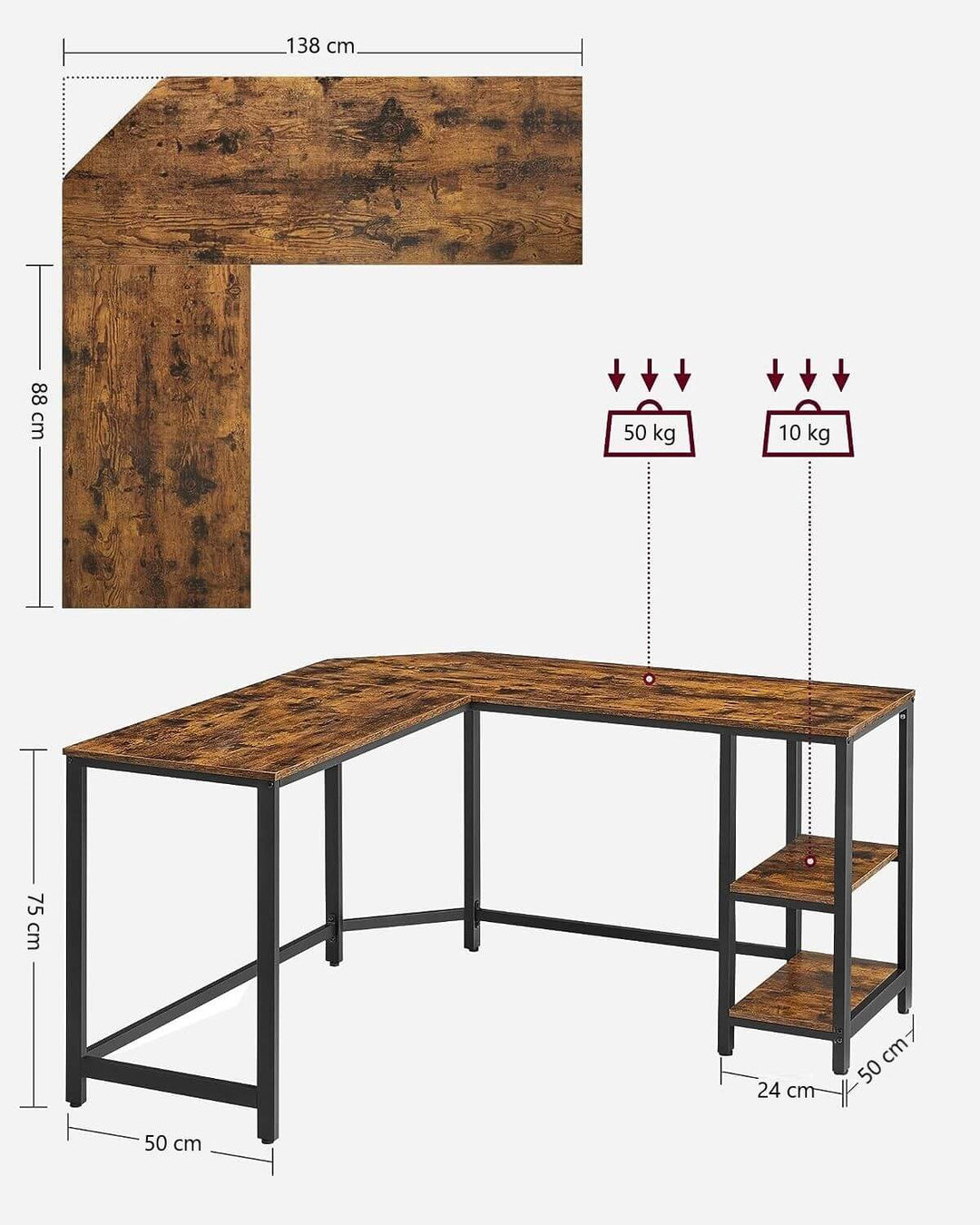 L-shaped computer desk corner with two-shelf storage solution for value furniture, affordable and quality, dimensions and weight capacity shown.