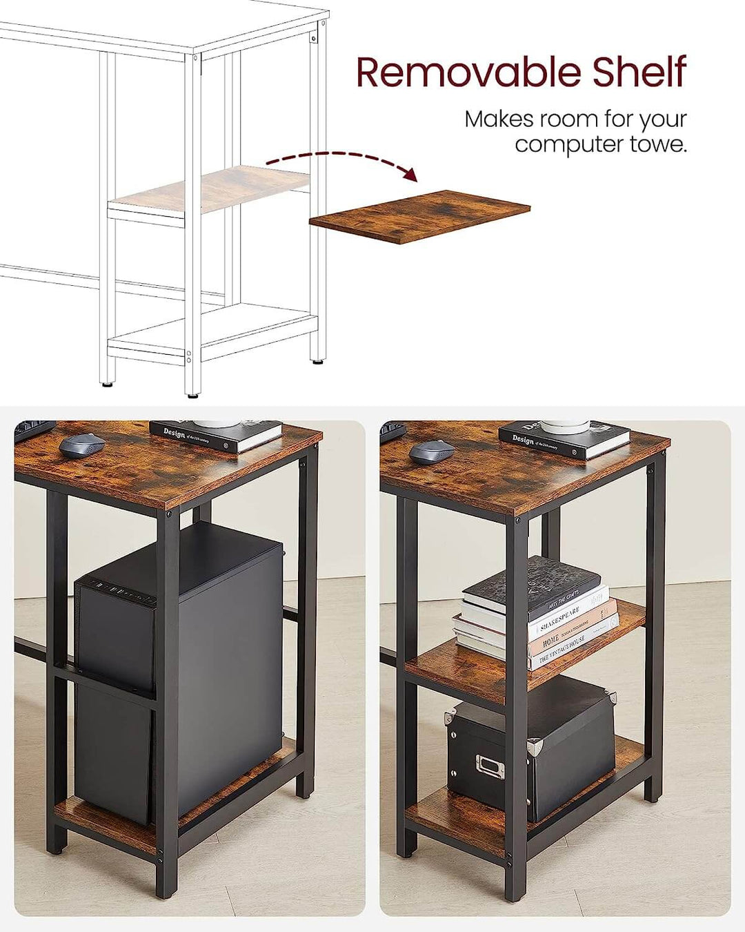 L-Shaped computer desk with a removable shelf for flexible storage, showcasing computer tower and organized items, value furniture, quality, affordable.