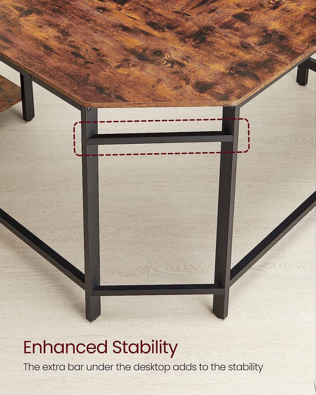 Enhanced stability feature of L-Shaped Computer Desk Corner showing extra bar under the desktop for added support and durability.