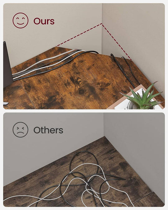 Comparison of L-Shaped Computer Desk with neat cable management and cluttered competitor's desk illustrating superior organization.