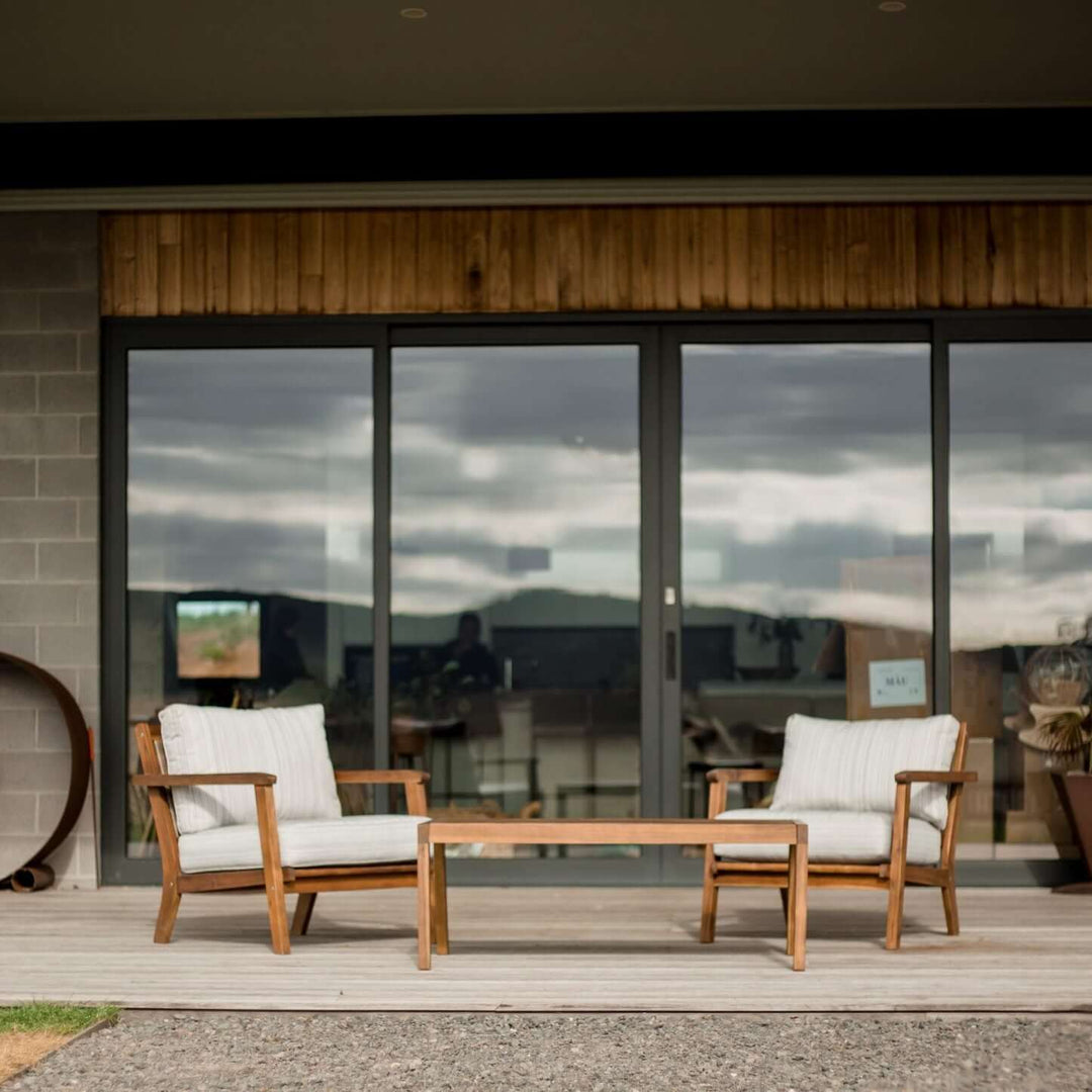 Affordable Saigon Outdoor 3 pcs lounge set with eucalyptus timber sofa and coffee table, perfect for stylish outdoor living.