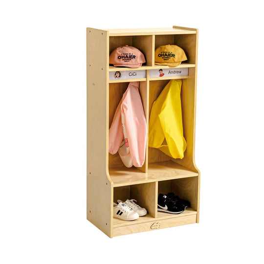 Jooyes affordable preschool coat locker with cubbies for kids featuring personalized storage for coats and hats.