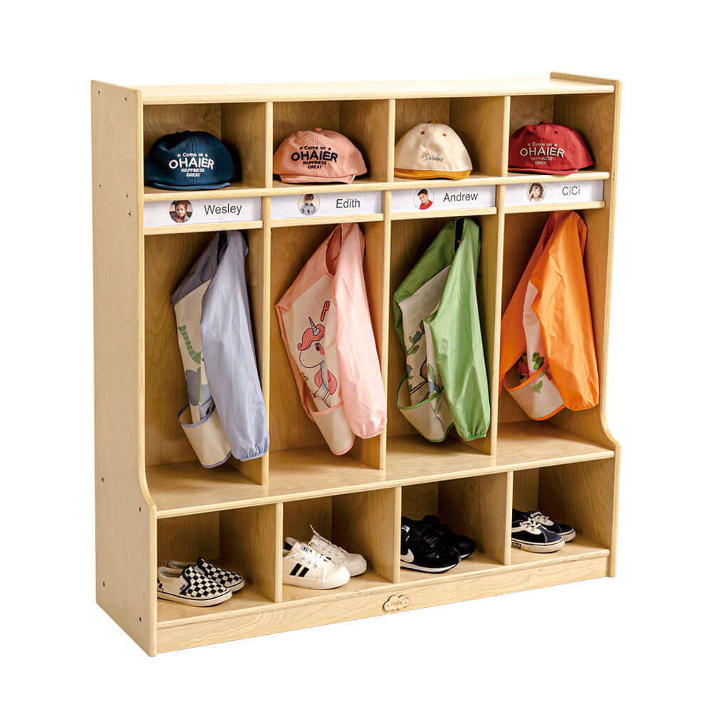 Jooyes preschool coat locker with cubbies for kids, organized storage for coats, hats, and shoes.