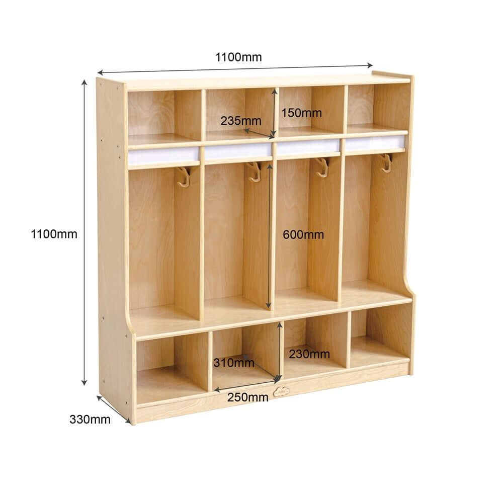 Jooyes affordable preschool coat locker with cubbies, 4 sections for organized storage in classrooms.