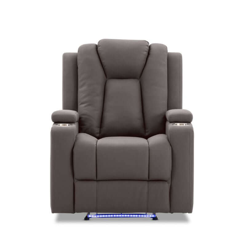 Theatre electric recliner sofa in buckskin fabric with LED lights, cup holders, and plush armrests for ultimate comfort.