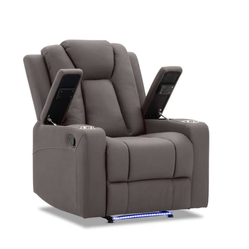 Theatre electric recliner sofa in buckskin fabric with LED light, cup holders, and storage armrests.