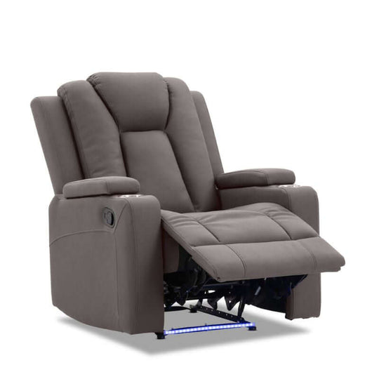 Affordable electric recliner sofa in buckskin fabric with LED light and cup holders for home theater enjoyment.