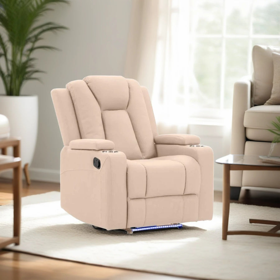 Electric recliner sofa in buckskin fabric, perfect for home theaters, featuring cup holders and LED lights.