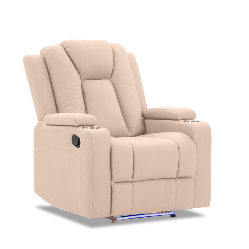 Affordable electric recliner sofa in buckskin fabric with LED light and cup holders for ultimate relaxation.