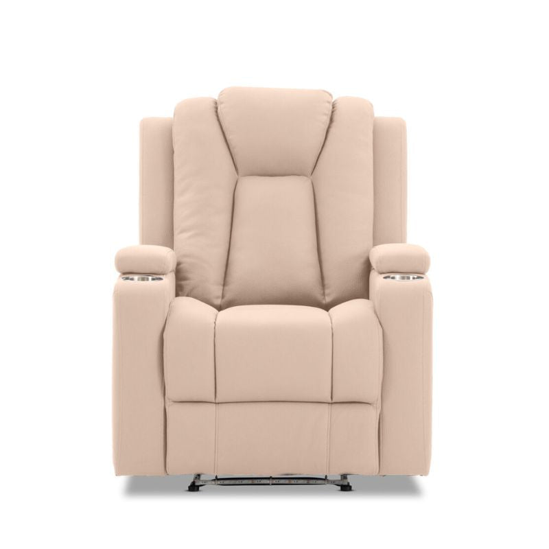 Theatre Electric Recliner Sofa in Buckskin Fabric with cup holders, electric reclining, and LED light features.