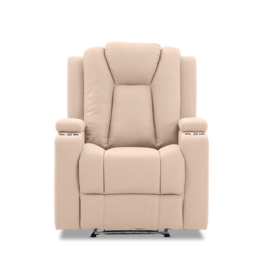 Theatre Electric Recliner Sofa in Buckskin Fabric with cup holders, electric reclining, and LED light features.