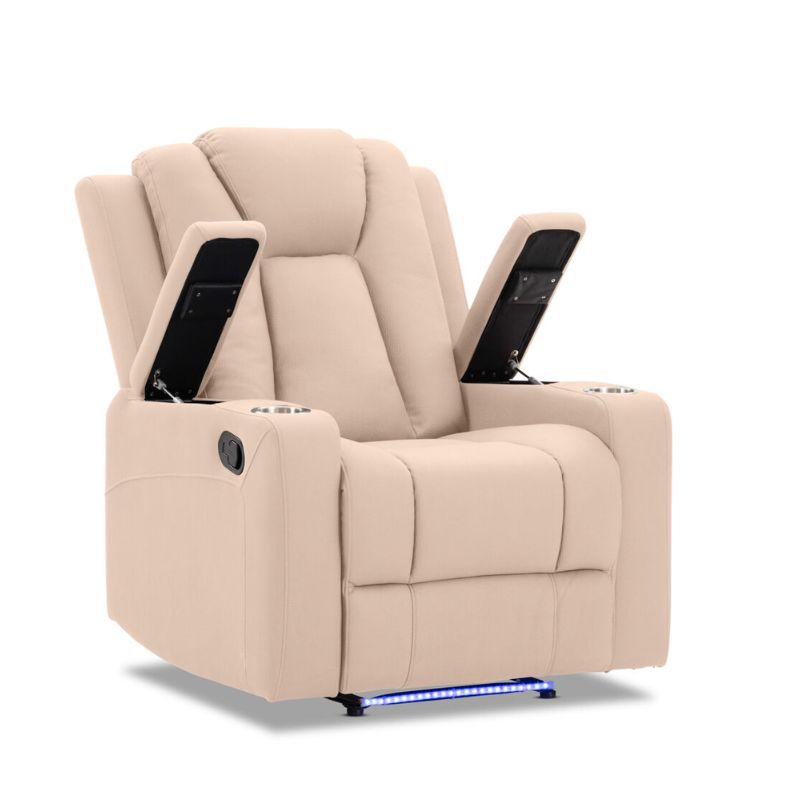 Electric recliner sofa in buckskin fabric with cup holders and LED light for ultimate home theater comfort.