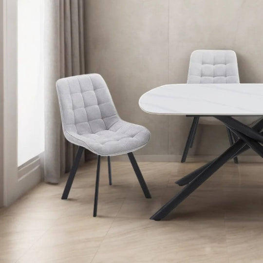 4PCS neo softy light grey fabric dining chairs with black metal legs, ideal for modern dining spaces and affordable luxury.