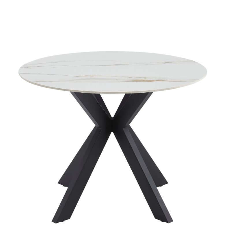 Tracey Round Marble Stone Dining Table with black legs, perfect for affordable luxury in your dining space.