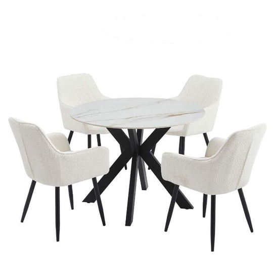 Tracey Round Marble Stone Dining Table with four plush chairs, modern and affordable dining centerpiece.