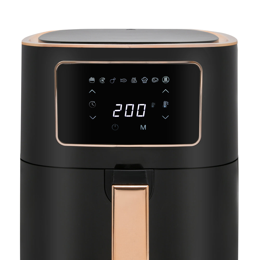 Digital control panel of 7L black air fryer with 1700W power, featuring 8 cooking settings and 200C temperature display for quality, affordable cooking.