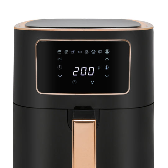 Digital control panel of 7L black air fryer with 1700W power, featuring 8 cooking settings and 200C temperature display for quality, affordable cooking.