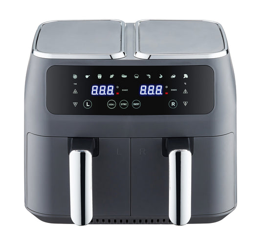 8L Dual Zone Digital Air Fryer with 10 cooking programs, large digital display, and touch controls.