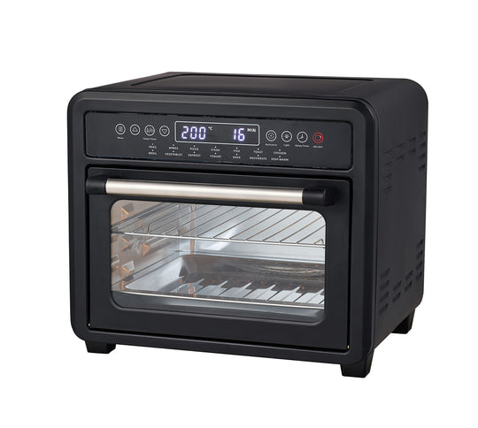 23L digital air fryer convection oven with 12 cooking programs, featuring a sleek black design and digital control panel for quality, affordable cooking.