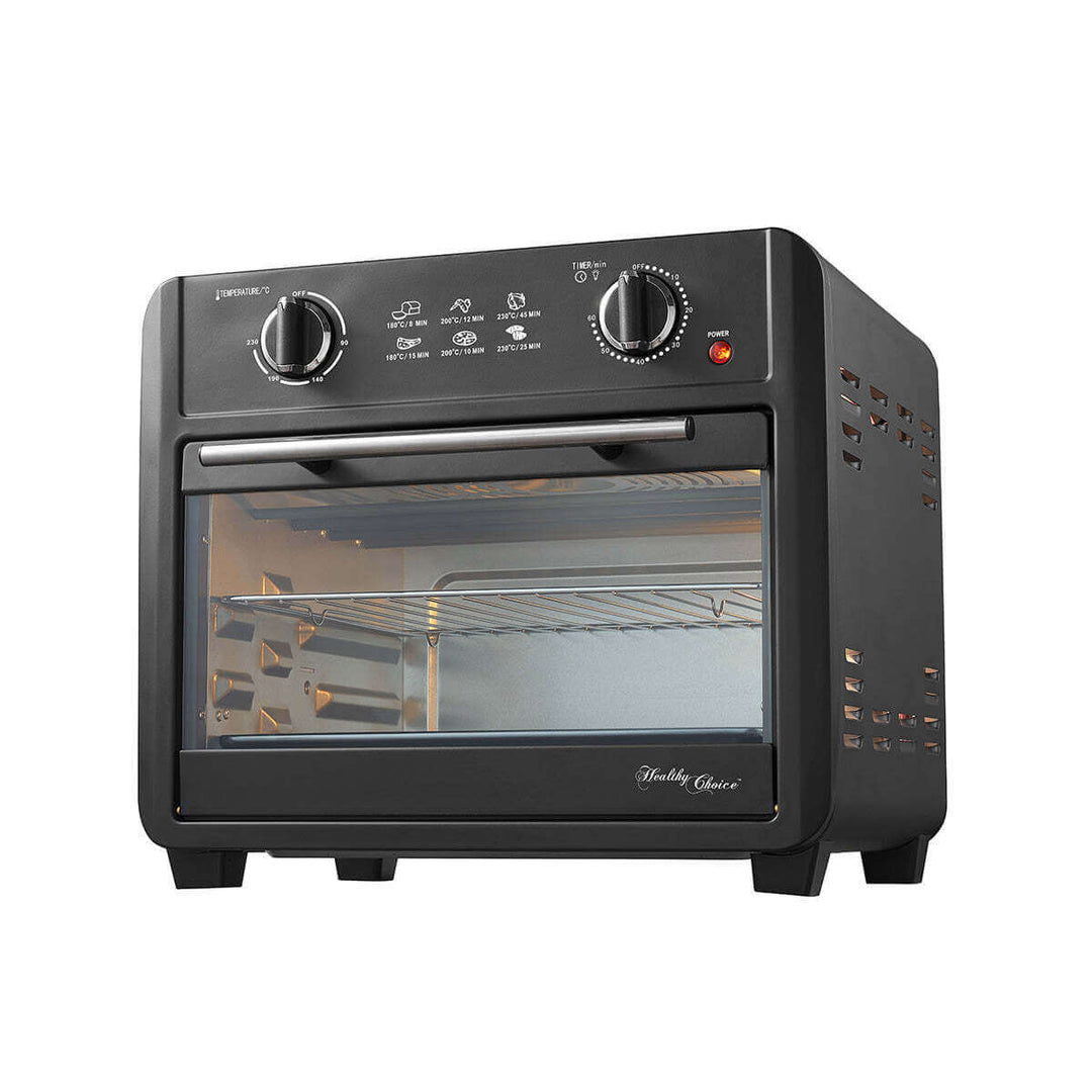 23L black air fryer oven with baking tray, wire rack, and pan handle for affordable, quality cooking.