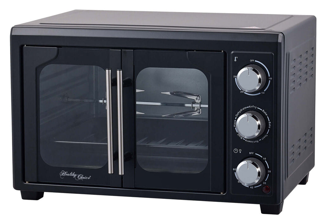 30L air fryer convection oven with rotisserie feature and sleek black design for affordable, quality cooking.