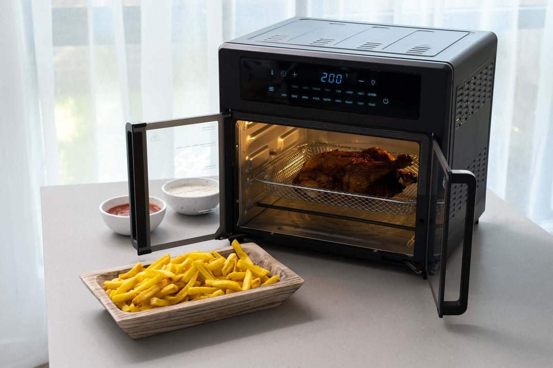 25L Air Fryer Convection Oven with French doors, cooking fries and chicken, offers quality, affordable, value furniture kitchen appliance