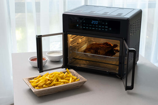 25L Air Fryer Convection Oven with French doors, cooking fries and chicken, offers quality, affordable, value furniture kitchen appliance