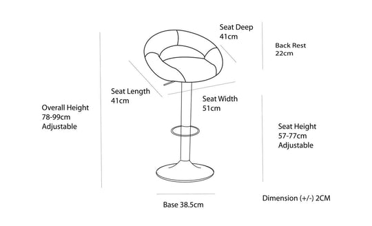 Diagram showing dimensions of adjustable white leather barstool: height 78-99cm, seat width 51cm, depth 41cm, base 38.5cm.