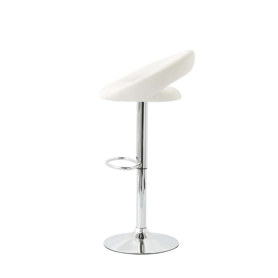 Affordable white leather barstool with adjustable height and chrome base, perfect for a luxe kitchen or DIY bar setup.