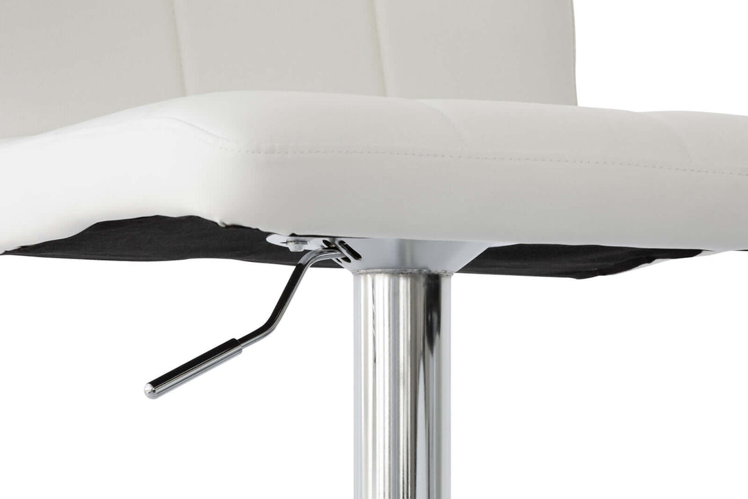 Adjustable height mechanism of a white curve leather barstool, showcasing quality and modern design. Suitable for DIY decor.