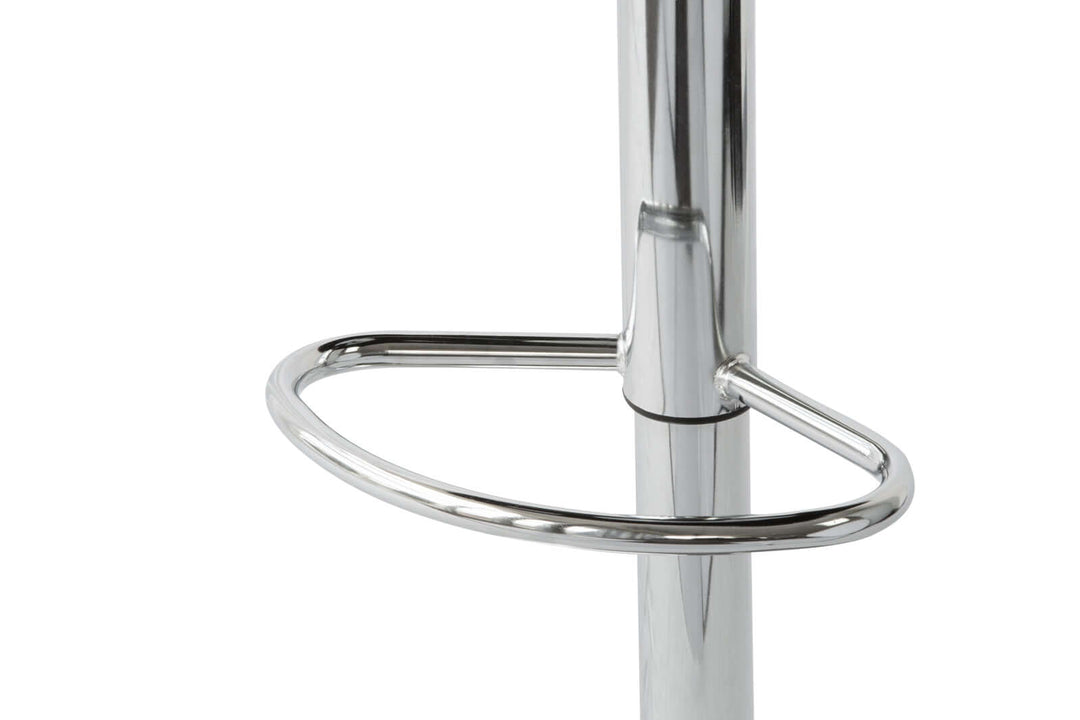 Chrome footrest detail of a modern adjustable height barstool, showcasing sleek design and quality craftsmanship.