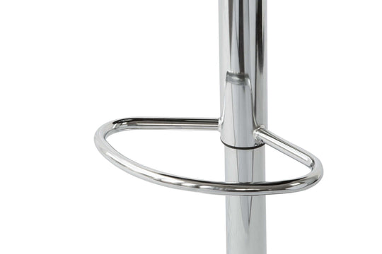 Chrome footrest detail of a modern adjustable height barstool, showcasing sleek design and quality craftsmanship.