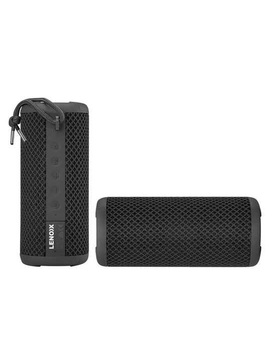 IPX7 waterproof portable wireless speaker in black, featuring 10W power and 360 audio for quality sound on the go.