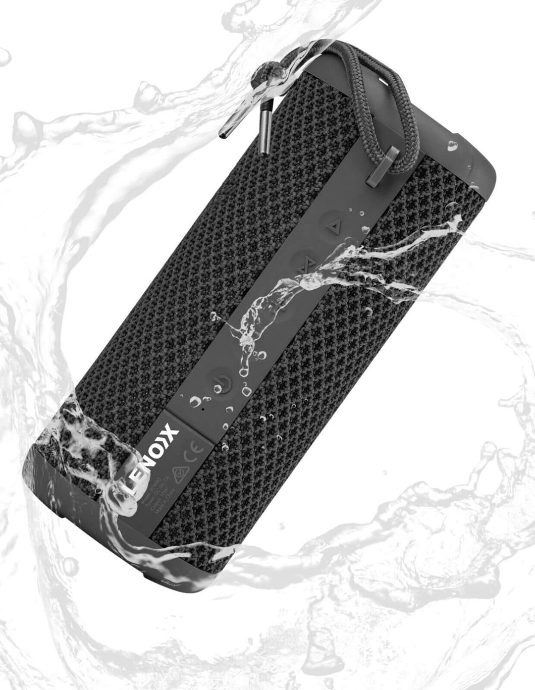 IPX7 waterproof portable wireless speaker in black with water splashes, offering quality sound for outdoor activities.