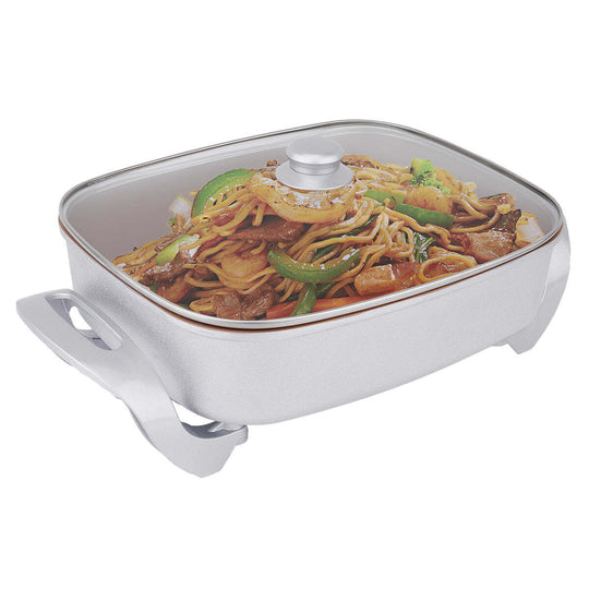 Copper Electric Fry Pan with stir fry noodles and vegetables, 9.1L capacity, non-stick surface, premium quality, ideal for value furniture and affordable cooking.