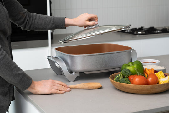 Opening Copper Electric Fry Pan, 9.1L Capacity, Ideal for Searing, Simmering, Sautéing, and More - Affordable, Quality Value Furniture