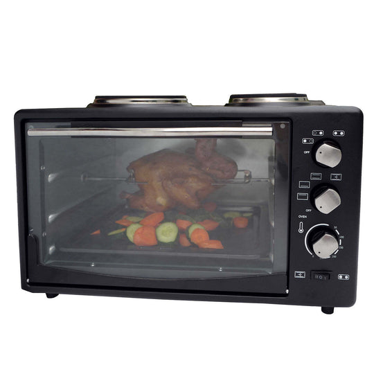 Portable oven with rotisserie cooking chicken and vegetables, 34L capacity, 1700W, quality affordable value furniture.