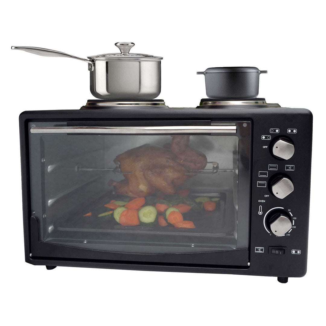 Portable oven with rotisserie cooking, 34L capacity, 1700W power, cooking chicken and vegetables, quality affordable value furniture