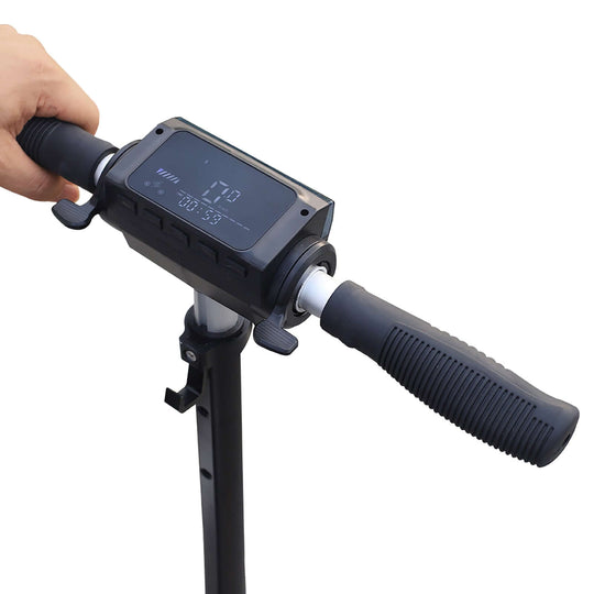 Handlebar view of a 36V folding electric scooter with digital display and grips, showcasing quality design and functionality.